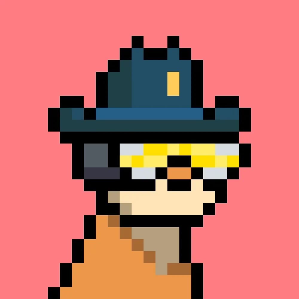 GambitMeta official pixel portrait — @gambitmeta Pixel portrait used by GambitMeta (@gambitmeta): a character in a navy hat and yellow glasses on a coral-pink background